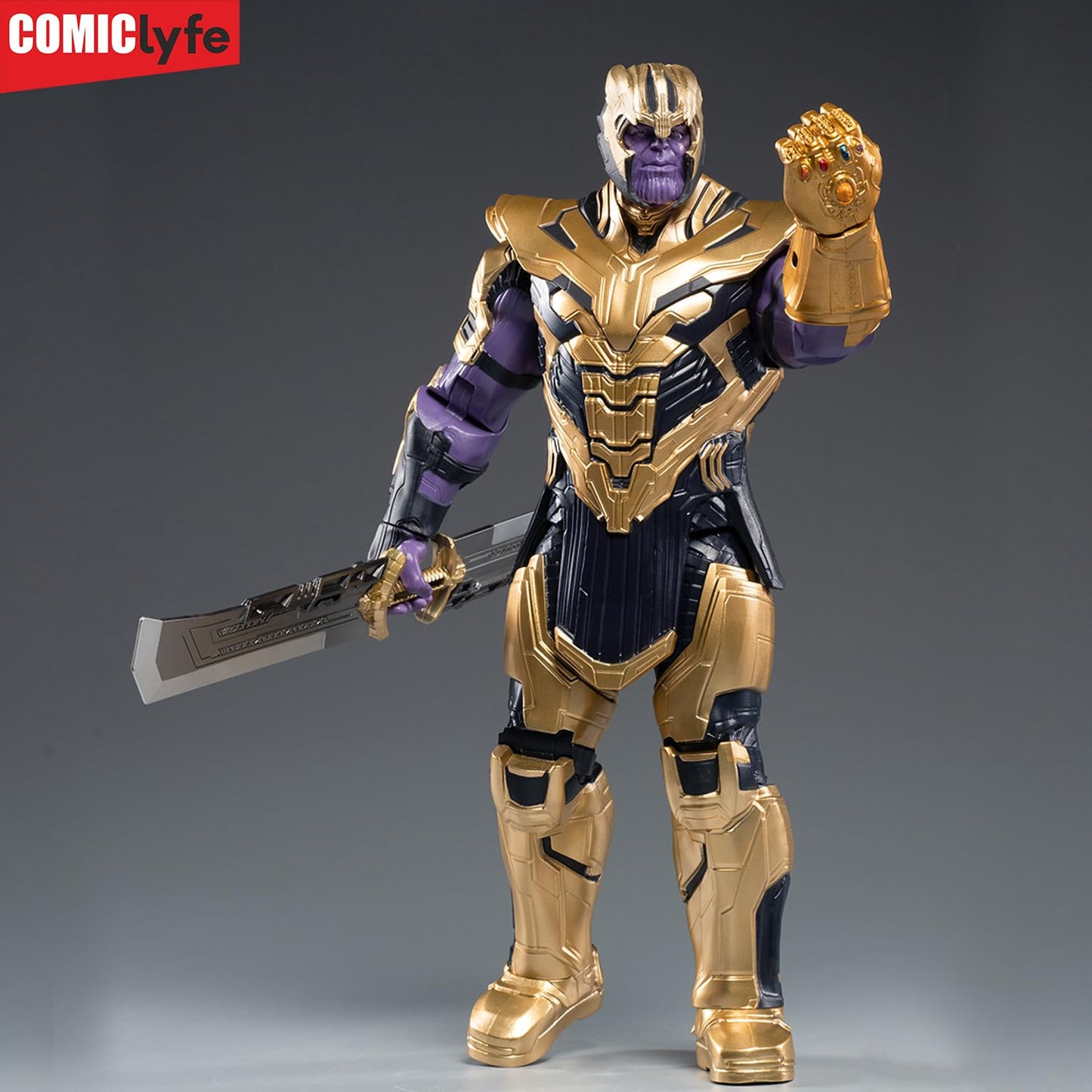 Marvel Thanos 14 Inch Superhero Action Figure Toy with Double-Edged Sword & Infinity Gauntlet | Avengers Marvel Collectible Figurine by Comiclyfe | Fully Articulated ABS + PV Material