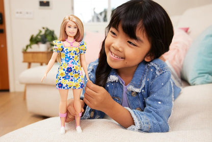 Barbie Fashionistas Doll #208 with Down Syndrome, Blond Hair and Rocks a Floral Dress with Puff Sleeves