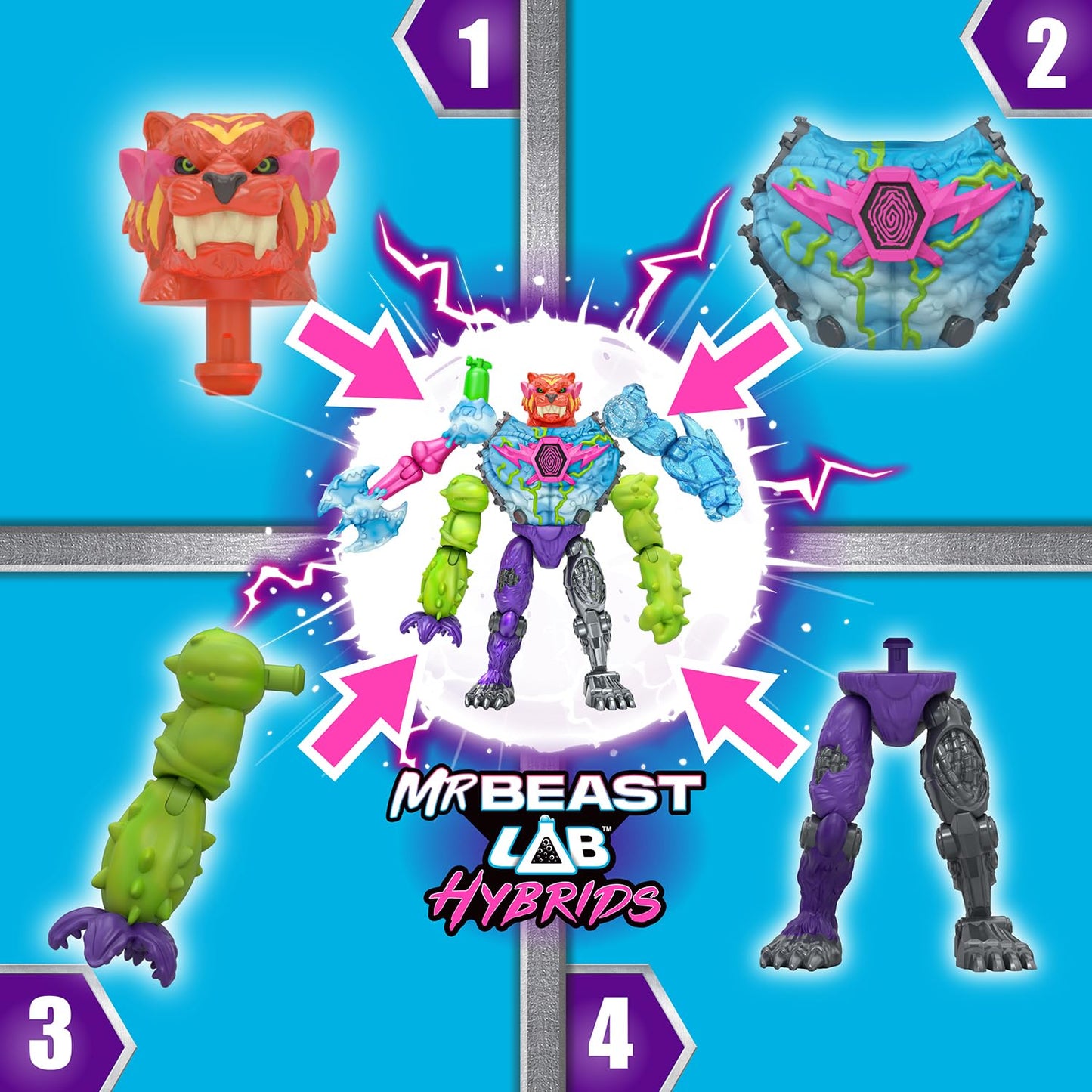 MRBEAST LAB Hybrids Mega Pack, Reveal Different Hybrid Parts to Create 5 Mix & Match Action Figures, Including a Mega Torso Panther Experiment to Revea