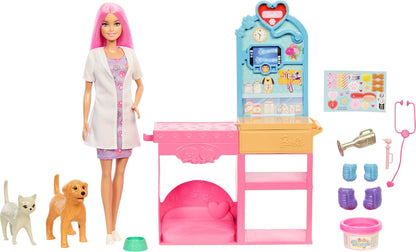 Barbie Fast Cast Veterinarian Clinic Playset with Pink Colored Hair Fashion Doll, Vet Furniture & 10+ Accessories Including Molds & Dough for Bandages JFX93