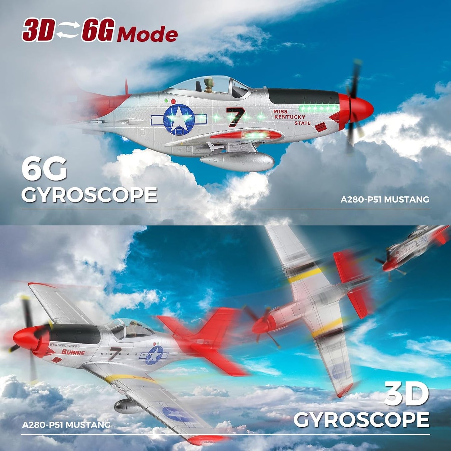 CKYSCHN WLtoys A280 RC Plane Brushless, P51 Mustang 4 Channel RC Airplane with Lights, 6G/3D RC Aircraft with 2 Batteries, 2.4G Remote Control Airplane Gifts for Adults