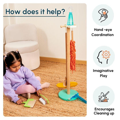 Curious Cub Wooden Kids Cleaning Set | Montessori Toys for 1+ Year Old | 7 Piece Pretend Play Toys for Girls | Broom Set for Kids with Mop,Wiper,Duster,Dustpan &Stand | Pretend Play Toys for Boys
