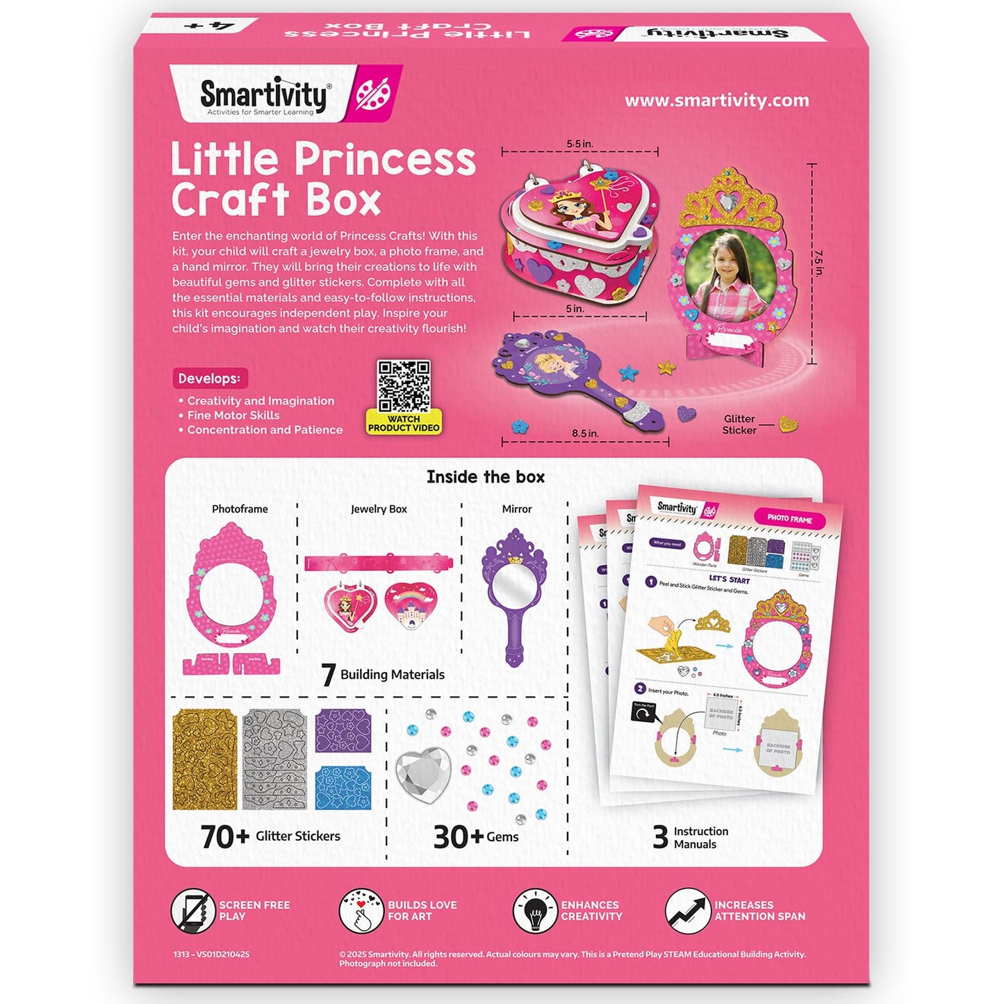 Smartivity Little Princess Craft Box for Girls|DIY Art & Craft Kit to Make Jewellery Box,Mirror & Frame|Age 4-8 Years|Kids Craft Activity Set with Gems & Glitter|Birthday Gift for Kids,Multicolor(PACK OF 6)
