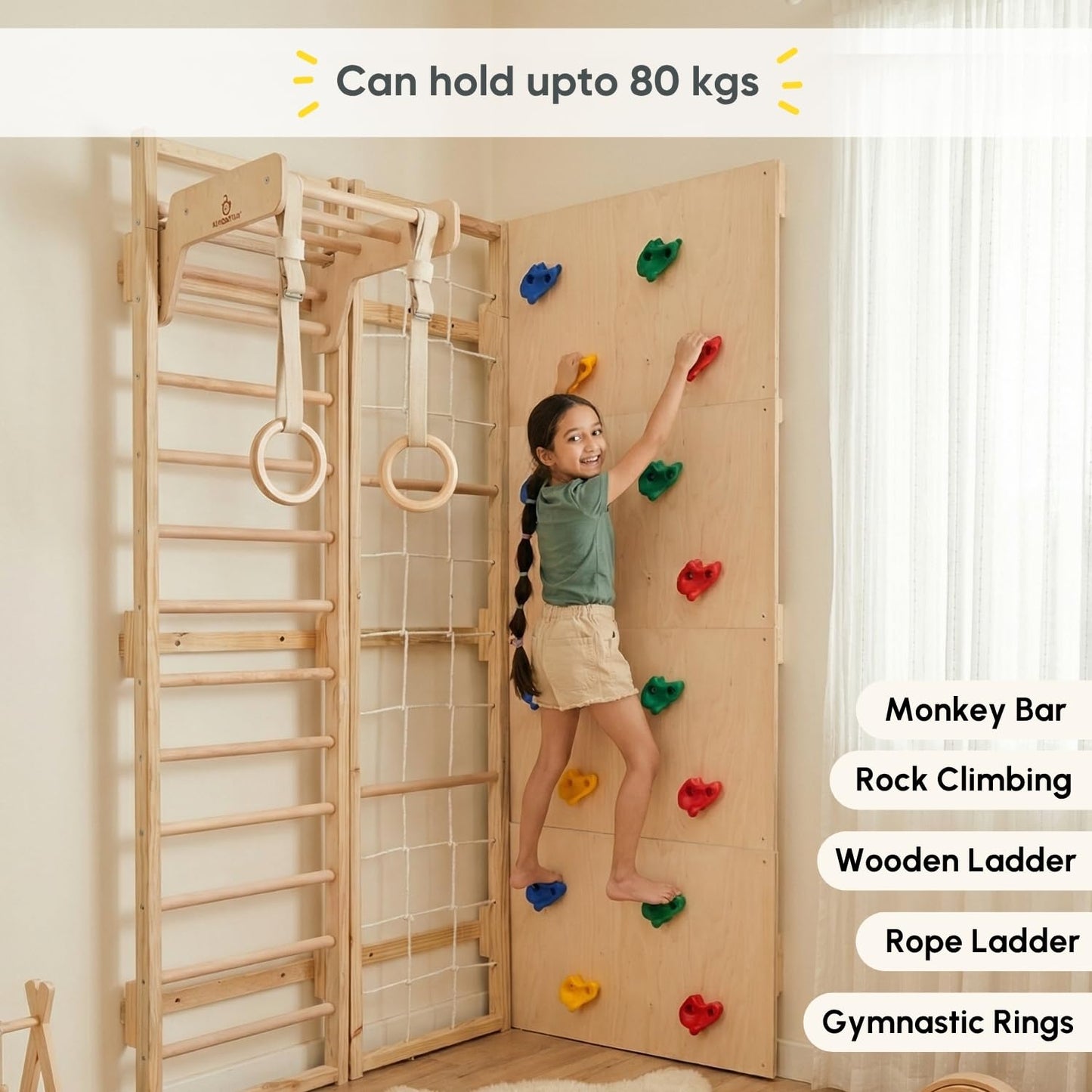 Curious Cub Jungle Gym for Kids Indoor | Wall Climbing for Kids | Contains Rock Climbing, Monkey Bar, Gymnastics Rings for Kids | Rope Ladder for Kids to Play Indoor Fun Activity for Ages 4+(8 FEET)