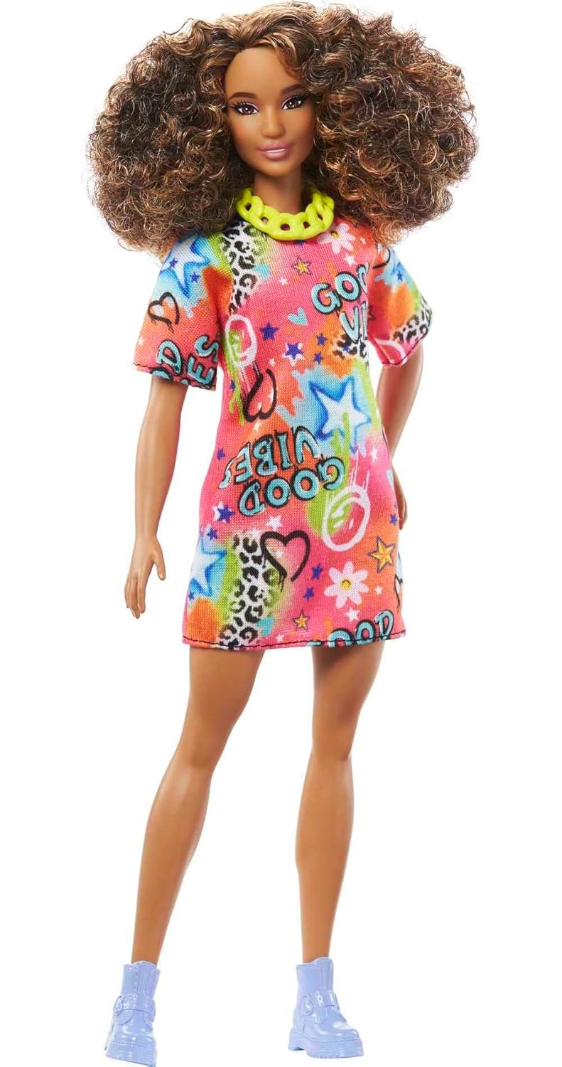 Barbie® Doll, Kids Toys, Curly Brown Hair, Fashionistas™, Athletic Body Shape, Graffiti-Print T-Shirt Dress, Clothes and Accessories