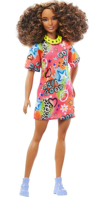 Barbie® Doll, Kids Toys, Curly Brown Hair, Fashionistas™, Athletic Body Shape, Graffiti-Print T-Shirt Dress, Clothes and Accessories