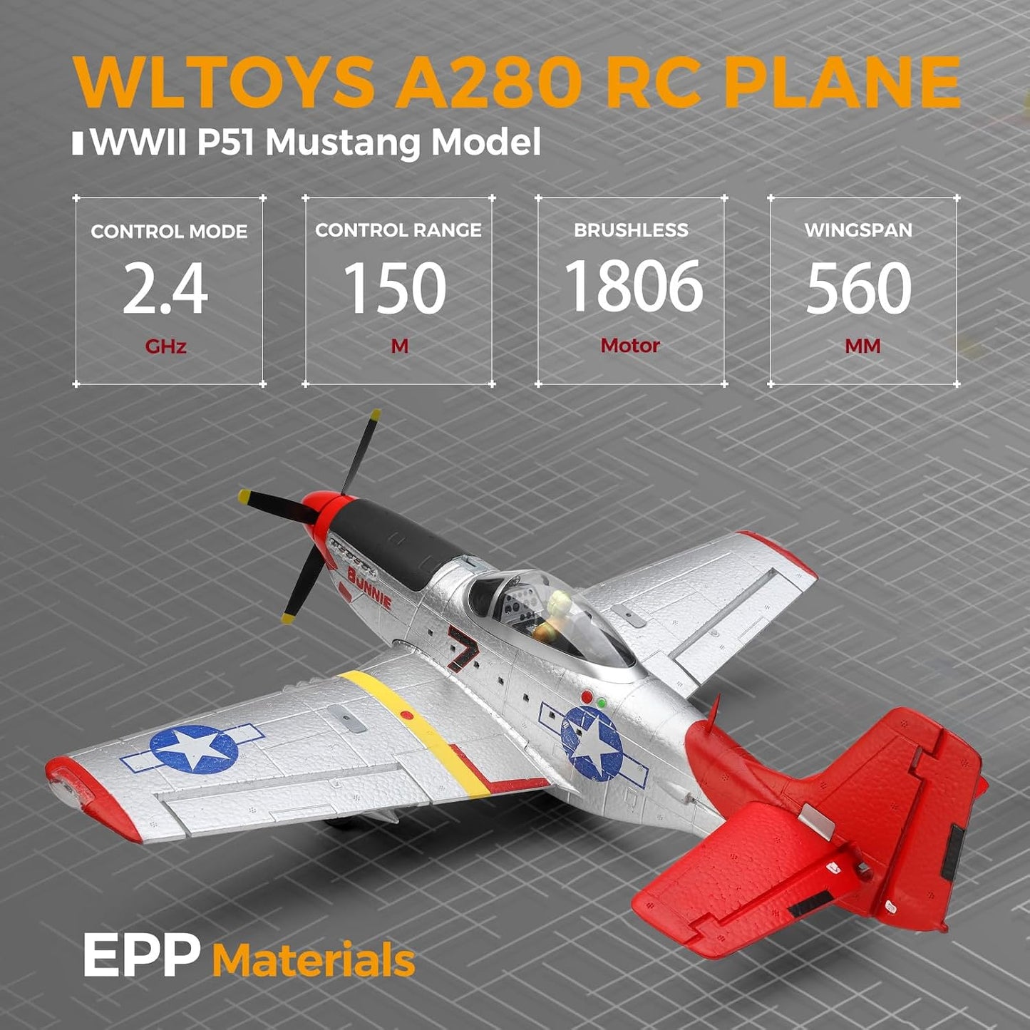 CKYSCHN WLtoys A280 RC Plane Brushless, P51 Mustang 4 Channel RC Airplane with Lights, 6G/3D RC Aircraft with 2 Batteries, 2.4G Remote Control Airplane Gifts for Adults