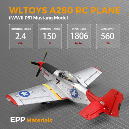 CKYSCHN WLtoys A280 RC Plane Brushless, P51 Mustang 4 Channel RC Airplane with Lights, 6G/3D RC Aircraft with 2 Batteries, 2.4G Remote Control Airplane Gifts for Adults