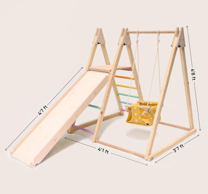 Curious Cub Foldable 4 in 1 Jungle Gym Set for Kids - Durable Climbing Triangle for Toddlers, Colorful Climbing Toys Indoor with Swing, Climb, Ramp & Slide