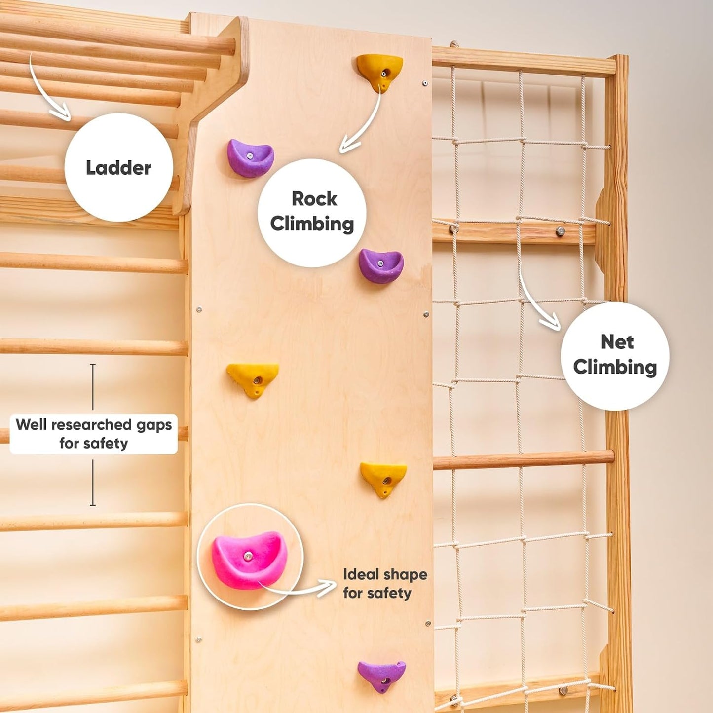 Curious Cub Wall Mounted Jungle Gym Set for Kids | Indoor Climbing Toy for Toddlers with Net Climbing, Ladder, Rock Climbing Wall, Monkey Bar & Gymnastic Rings | Exciting Gym Playset for Kids 2-9 yrs