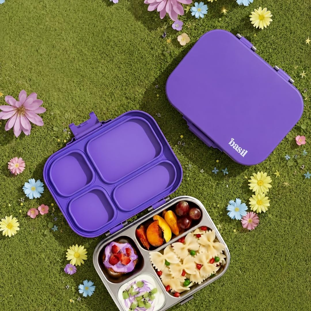 Basil Bento Box Quad – 4 Compartment Stainless Steel Lunch Box, 830 ml | Purple Pop