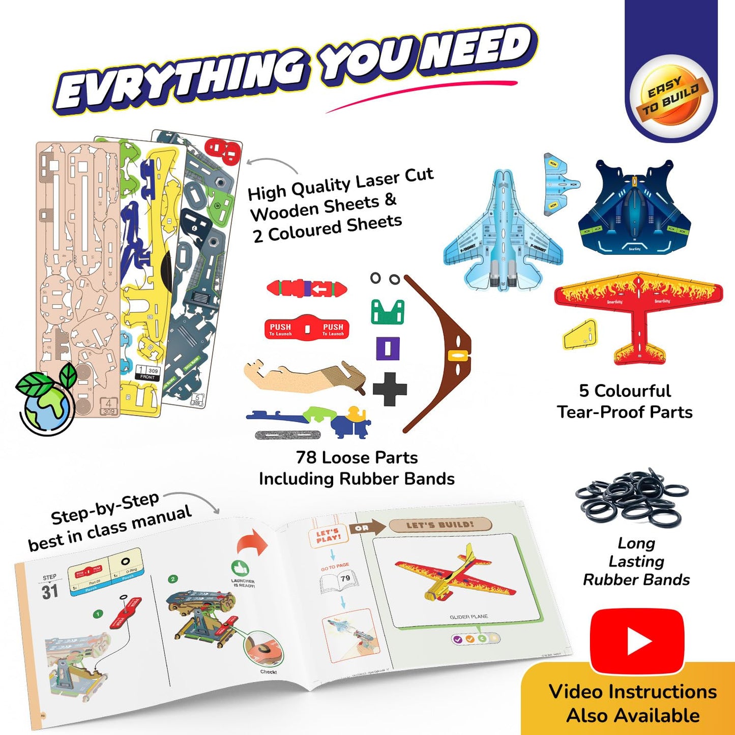 Smartivity 3in1 Airplanes Launcher Toy for Kids 6-12 | Build & Launch 3 Planes – Fighter Jet, Glider, Stealth | Birthday Gift for Boys & Girls I DIY STEM Toy for Ages 6,7,8,10,11,12 Years(PACK OF 6)