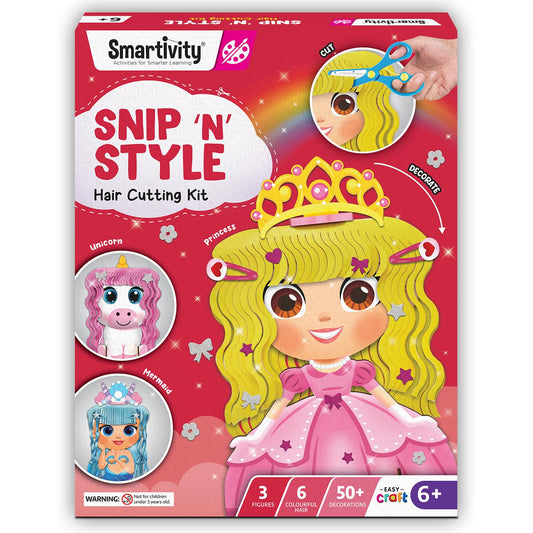 Smartivity Snip ‘N’ Style Hair Styling Craft Kit for Kids | DIY Scissor Skills & Creativity Activity Set | Includes Princess, Mermaid & Unicorn...(PACK OF 6)