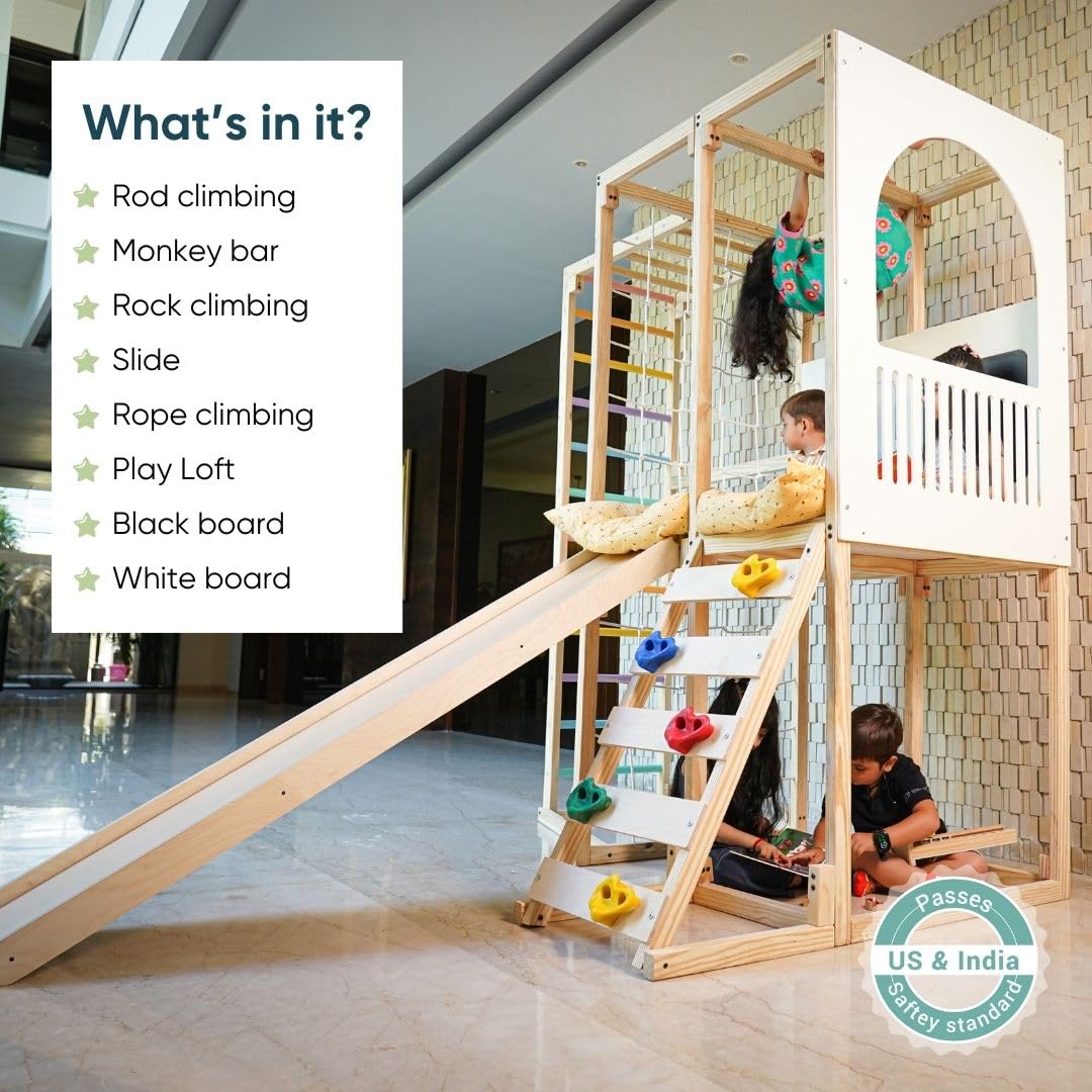Curious Cub Playloft 8 in 1 Jungle Gym for Kids Indoor | Slide for Kids, Ladder, Drawing Board, Monkey Bars |Rock Climbing At Home|Fun Activity for Ages 2-15 Yrs|Home Play Set for Toddler
