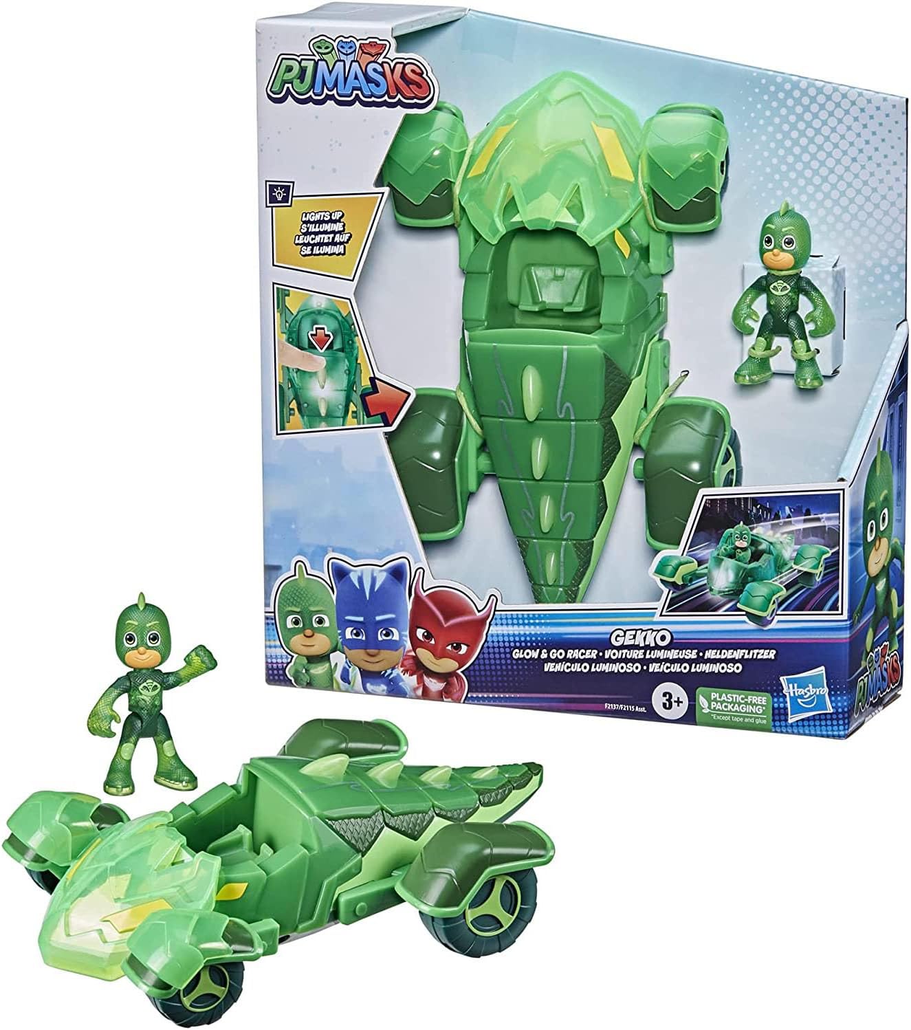 PJ Masks Glow & Go Gekko-Mobile Preschool Toy Vehicle, Gekko Car Light-Up Racer with Gekko Action Figure for Kids Ages 3 and Up