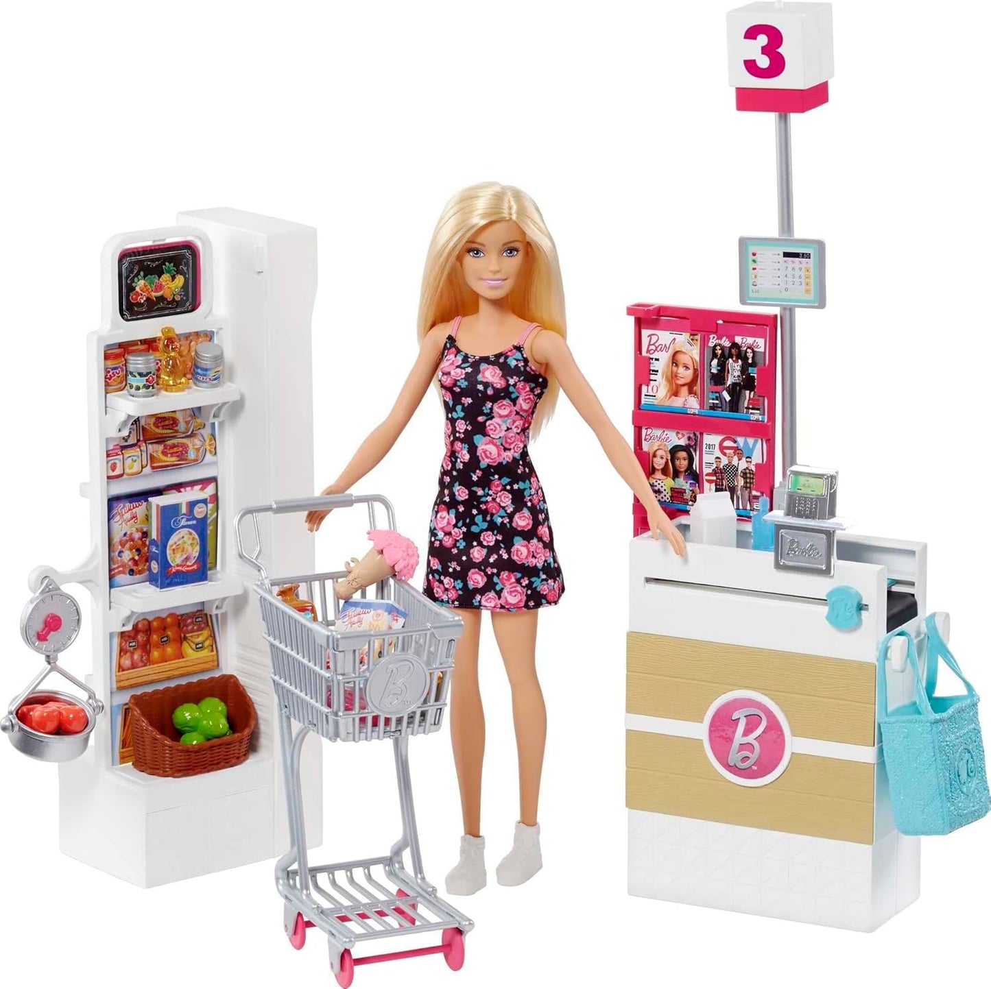 Barbie FRP01 FRP01 Supermarket Box with Doll with Flower Dress, Goods Department, Crate and Accessories, Children's Toy, Multicoloured FRP01