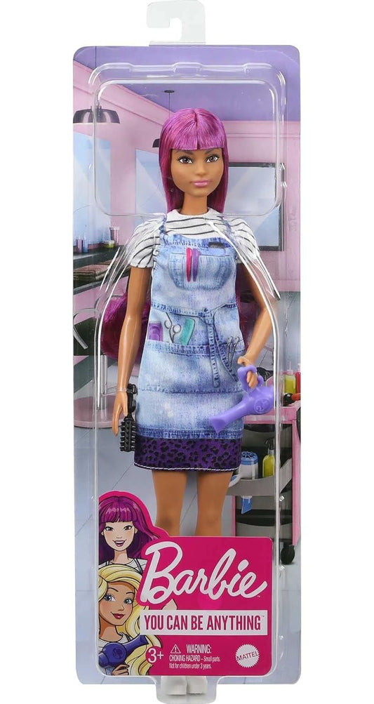 Barbie® Salon Stylist Doll (12-in/30.40-cm) with Purple Hair, Tie-dye Smock, Striped Tee, Blow Dryer & Comb Accessories, Great Gift for Ages 3 Years Old & Up