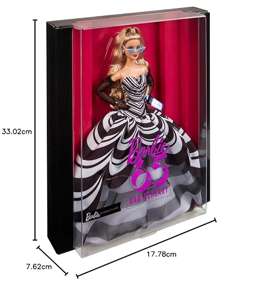Barbie Signature Doll, 65th Anniversary Collectible with Blonde Hair, Black and White Gown, Sapphire Gem Earrings and Sunglasses