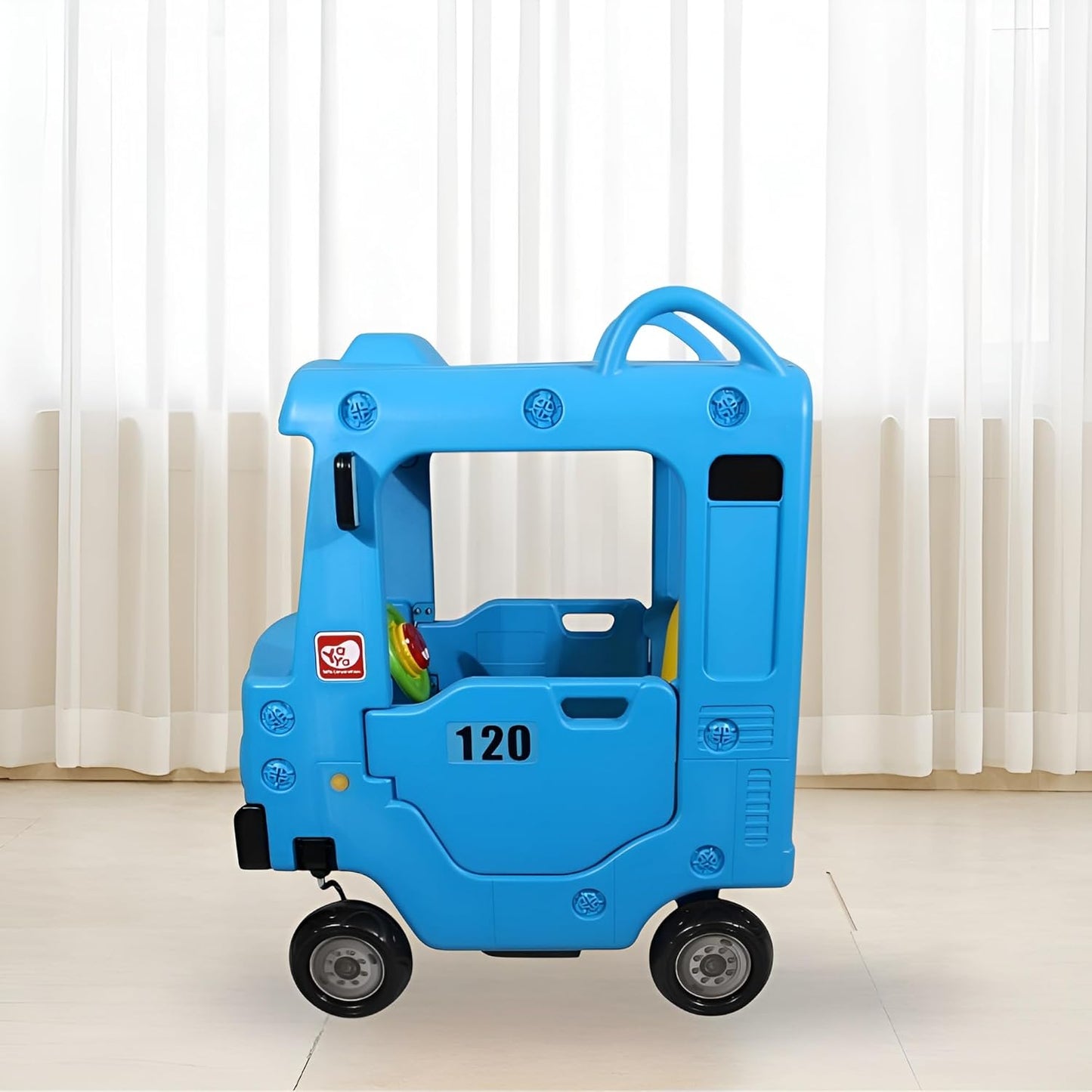 Yaya Blue Bus Roof Car, Ride-on Toy with Interactive Steering Wheel, EVA Foam Wheels, Storage Compartment, 360° Rotating Front Wheel, Double Opening Doors, Indoor Outdoor Use