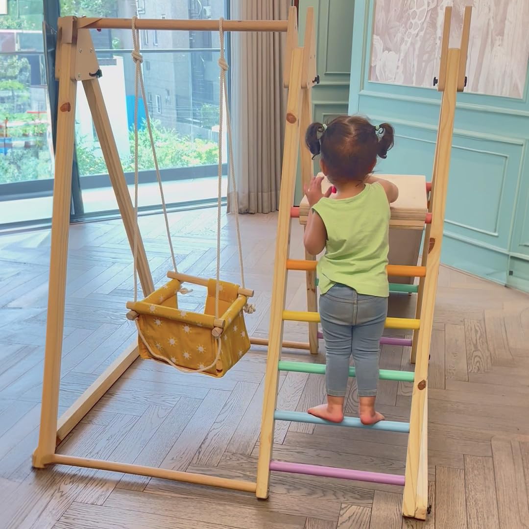 Curious Cub Foldable 4 in 1 Jungle Gym Set for Kids - Durable Climbing Triangle for Toddlers, Colorful Climbing Toys Indoor with Swing, Climb, Ramp & Slide