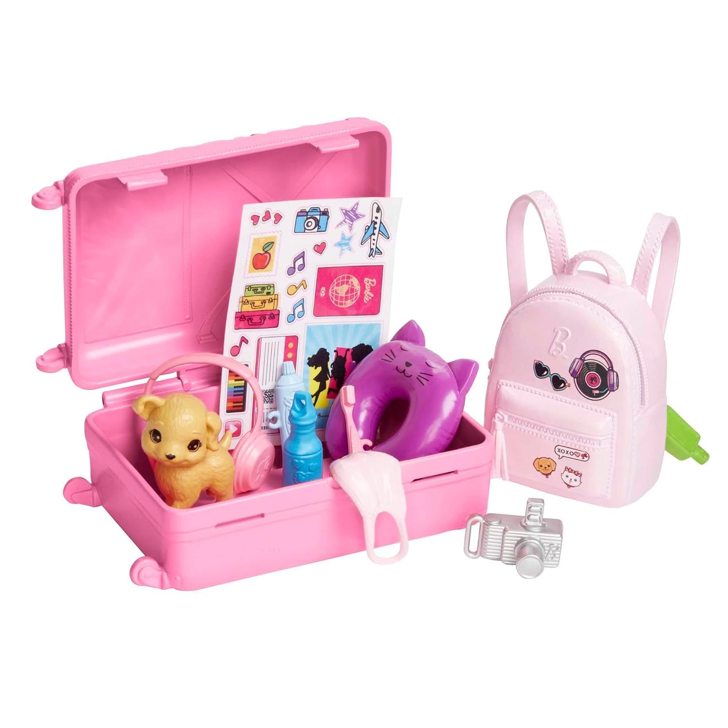 Barbie Doll and Accessories, “Malibu” Travel Set with Puppy and 10+ Pieces Including Working Suitcase HJY18