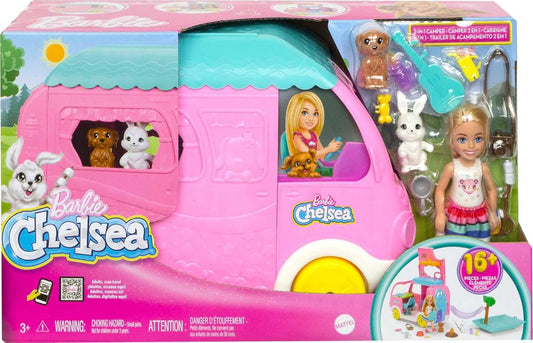 Barbie HNH90 2-in-1 Camping Car Model Chelsea Doll with Transformable Camp Vehicle, Includes 2 Animals and 15 Themed Accessories, Toy for Children Aged 3 Years and Above