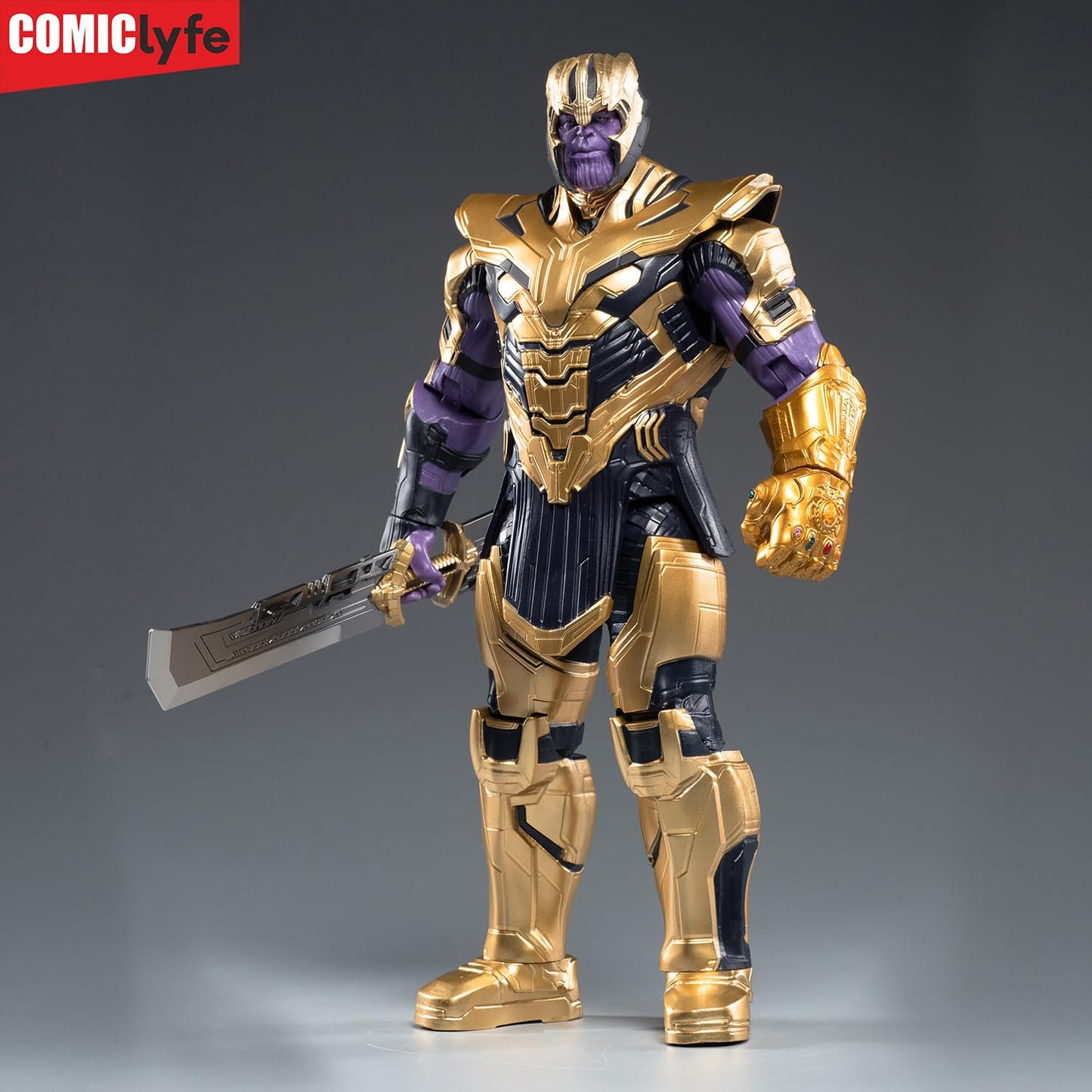 Marvel Thanos 14 Inch Superhero Action Figure Toy with Double-Edged Sword & Infinity Gauntlet | Avengers Marvel Collectible Figurine by Comiclyfe | Fully Articulated ABS + PV Material