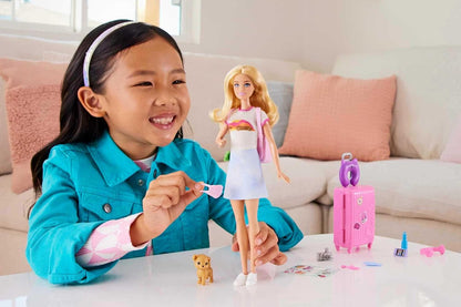Barbie Doll and Accessories, “Malibu” Travel Set with Puppy and 10+ Pieces Including Working Suitcase HJY18