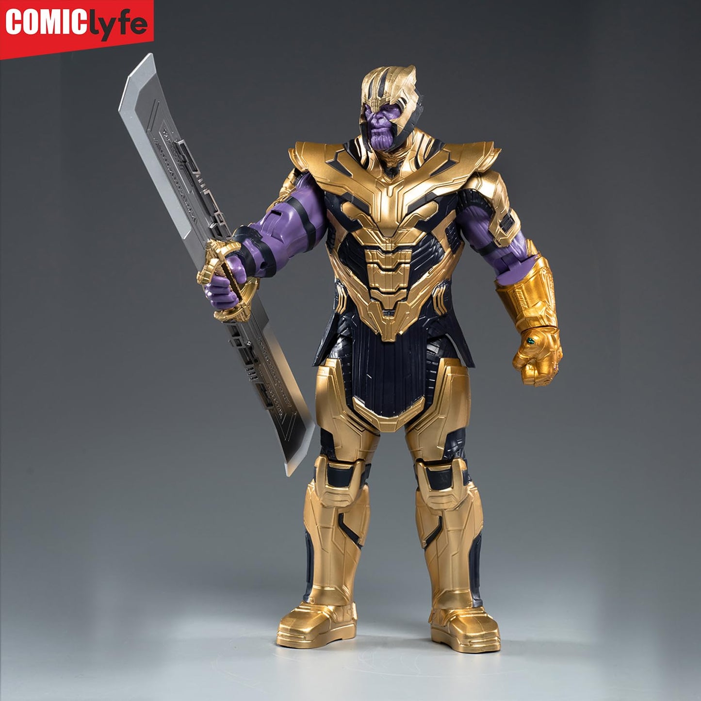 Marvel Thanos 14 Inch Superhero Action Figure Toy with Double-Edged Sword & Infinity Gauntlet | Avengers Marvel Collectible Figurine by Comiclyfe | Fully Articulated ABS + PV Material