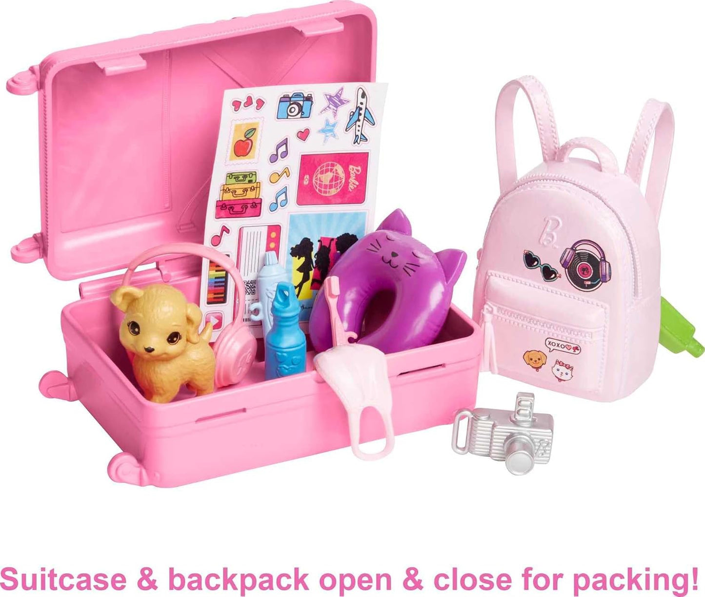 Barbie Doll and Accessories, “Malibu” Travel Set with Puppy and 10+ Pieces Including Working Suitcase HJY18