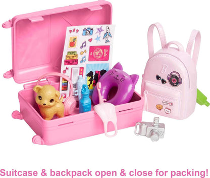 Barbie Doll and Accessories, “Malibu” Travel Set with Puppy and 10+ Pieces Including Working Suitcase HJY18