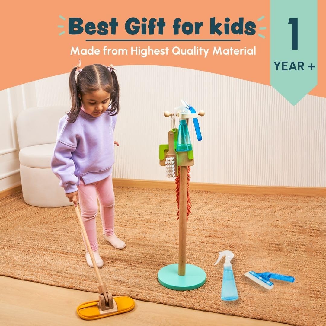 Curious Cub Wooden Kids Cleaning Set | Montessori Toys for 1+ Year Old | 7 Piece Pretend Play Toys for Girls | Broom Set for Kids with Mop,Wiper,Duster,Dustpan &Stand | Pretend Play Toys for Boys