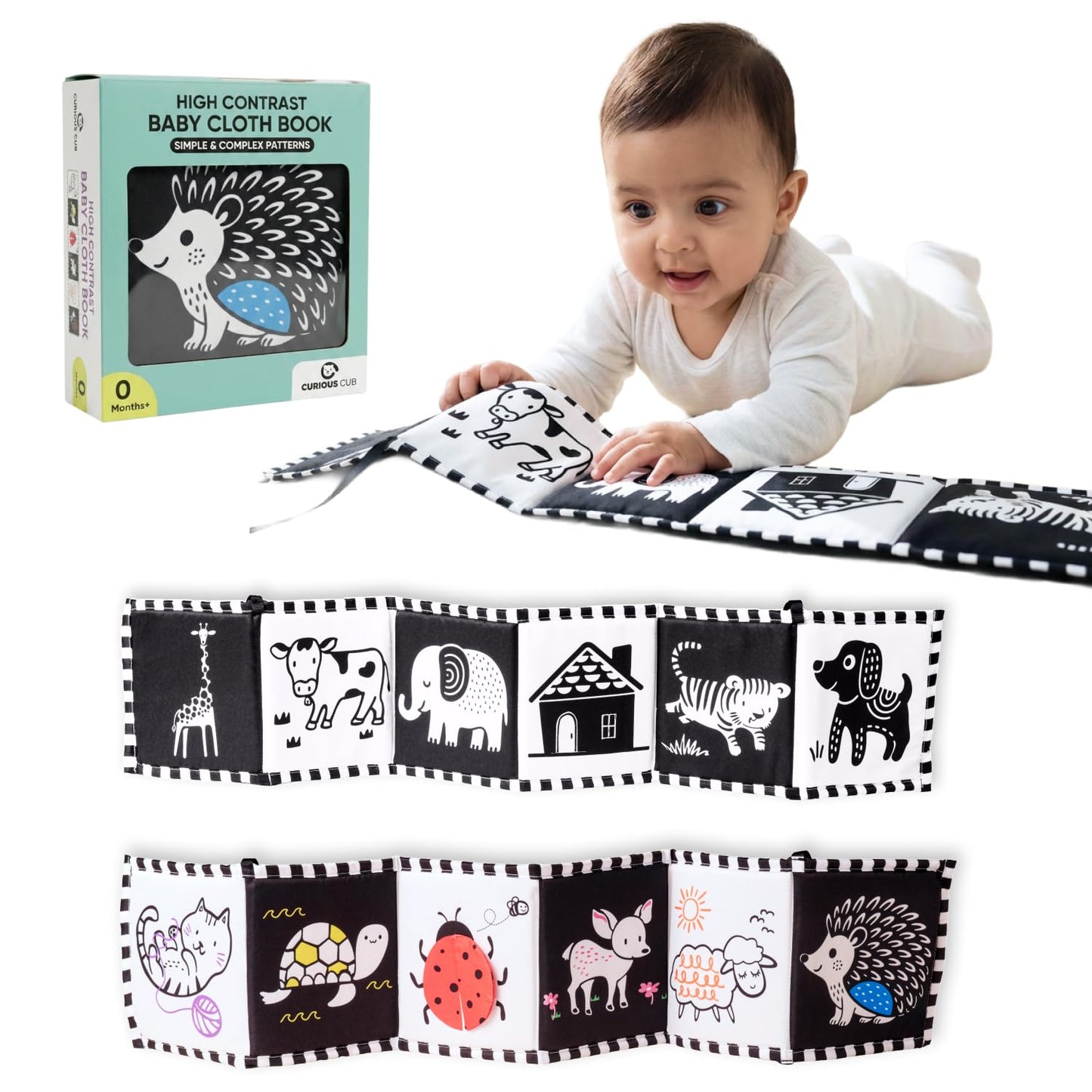 Curious Cub High Contrast Cloth Book for Babies, Tummy Time 0-6 Months Black & white sensory book, newborn visual stimulation, boy girl baby gift