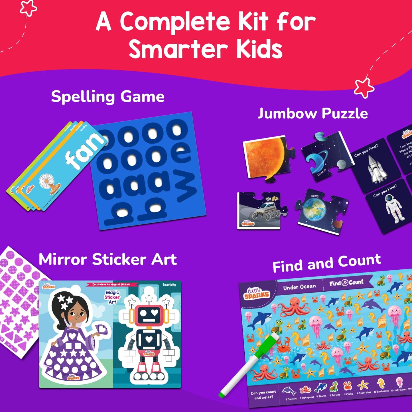 Smartivity 5-in-1 Montessori Play Box Kids 4-6 Years | 5 Educational Activities Kit Birthday Gift for Boys & Girls I Brain Boosting Toy I Builds Vocabulary, Matching, Counting Skils 4,5,6 Years Old(PACK OF 6)
