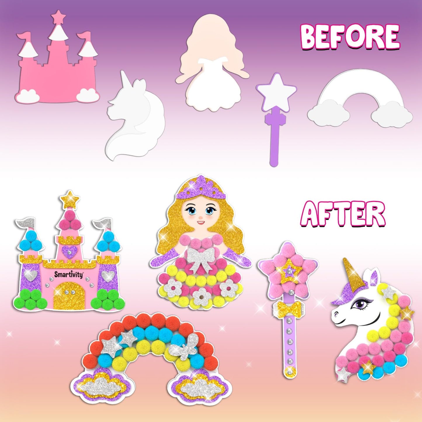 Smartivity Pom Pom Magnet Craft Kit for Kids Ages 4-10 | Princess and Unicorn Themed | Birthday Gift for Boys&Girls | Art&Craft Activity Kit for 4,5,6,7,8,9,10 Years(PACK OF 6)