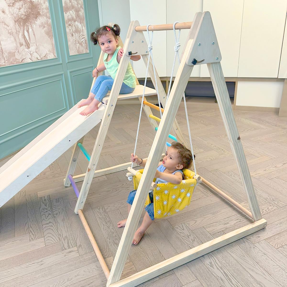 Curious Cub Foldable 4 in 1 Jungle Gym Set for Kids - Durable Climbing Triangle for Toddlers, Colorful Climbing Toys Indoor with Swing, Climb, Ramp & Slide