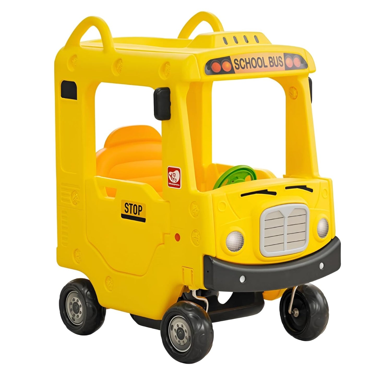 Yaya School Bus Roof Car, Ride-on Toy with Interactive Steering Wheel, EVA Foam Wheels, Storage Compartment, 360° Rotating Front Wheel, Double Opening Doors, Indoor Outdoor Use