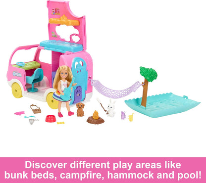 Barbie HNH90 2-in-1 Camping Car Model Chelsea Doll with Transformable Camp Vehicle, Includes 2 Animals and 15 Themed Accessories, Toy for Children Aged 3 Years and Above