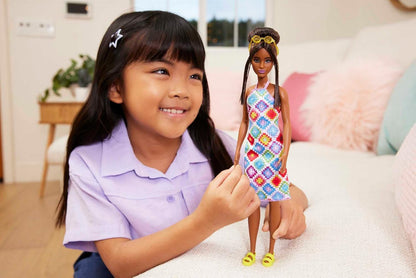 Barbie® Fashionistas™ Doll #210 with Brown Hair in Bun, Wearing Colorful Crochet Halter Dress, Sunglasses and Sandals