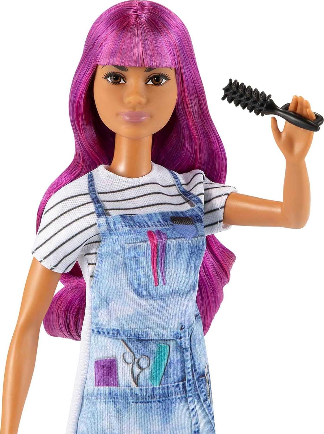 Barbie® Salon Stylist Doll (12-in/30.40-cm) with Purple Hair, Tie-dye Smock, Striped Tee, Blow Dryer & Comb Accessories, Great Gift for Ages 3 Years Old & Up