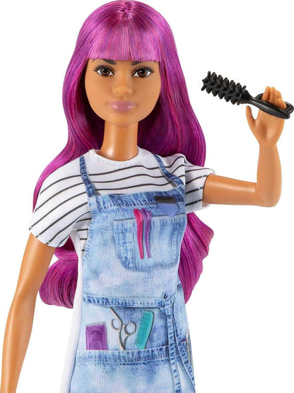 Barbie® Salon Stylist Doll (12-in/30.40-cm) with Purple Hair, Tie-dye Smock, Striped Tee, Blow Dryer & Comb Accessories, Great Gift for Ages 3 Years Old & Up