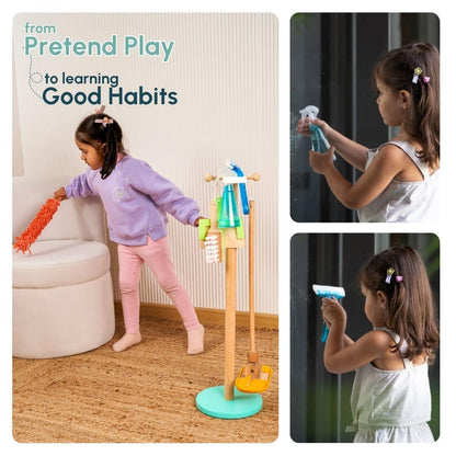 Curious Cub Wooden Kids Cleaning Set | Montessori Toys for 1+ Year Old | 7 Piece Pretend Play Toys for Girls | Broom Set for Kids with Mop,Wiper,Duster,Dustpan &Stand | Pretend Play Toys for Boys