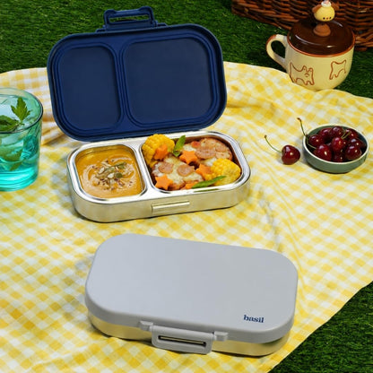 Basil Bento Ace – 2 Compartment Stainless Steel Lunch Box, 750 ml | Classic Grey