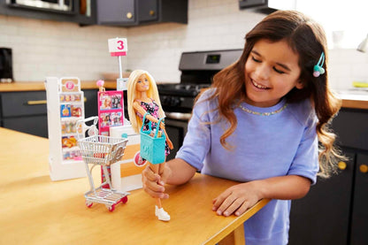 Barbie FRP01 FRP01 Supermarket Box with Doll with Flower Dress, Goods Department, Crate and Accessories, Children's Toy, Multicoloured FRP01