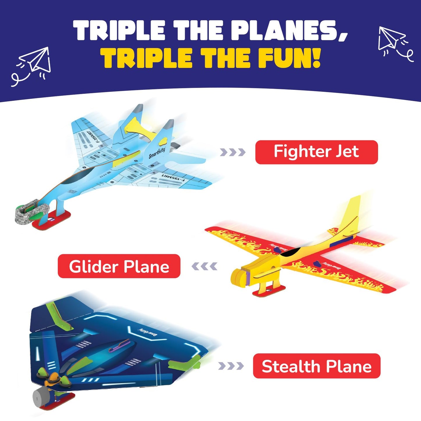 Smartivity 3in1 Airplanes Launcher Toy for Kids 6-12 | Build & Launch 3 Planes – Fighter Jet, Glider, Stealth | Birthday Gift for Boys & Girls I DIY STEM Toy for Ages 6,7,8,10,11,12 Years(PACK OF 6)