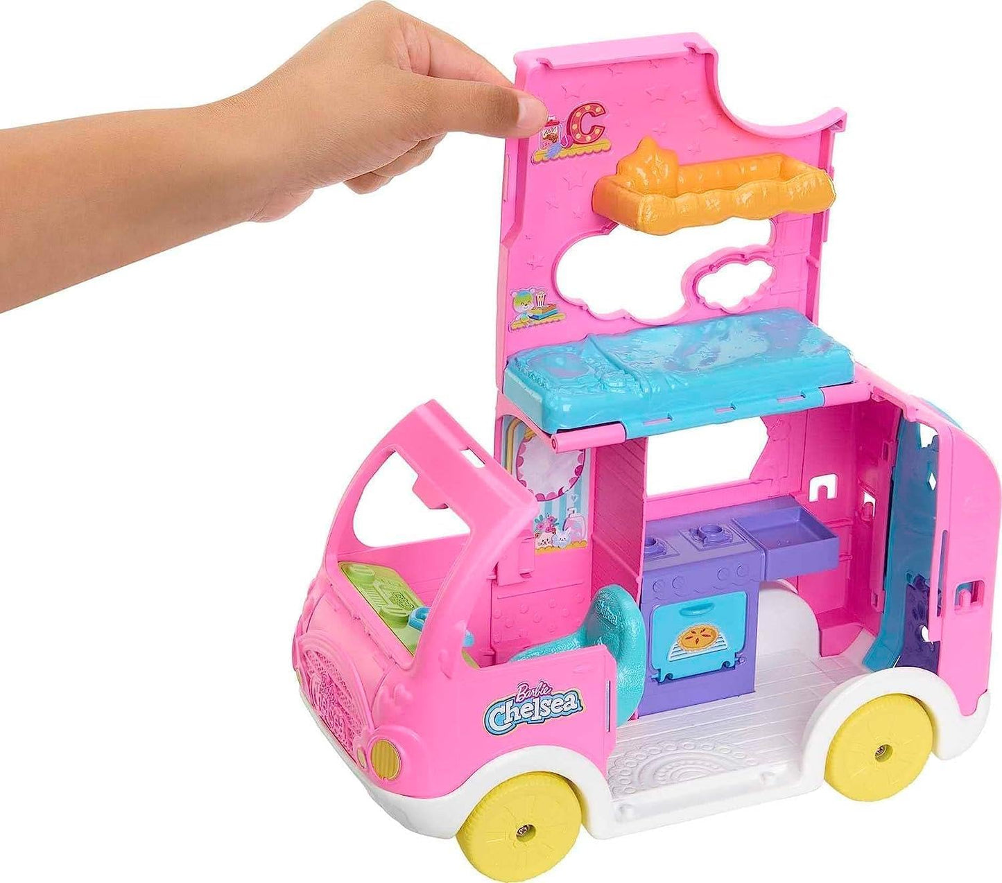 Barbie HNH90 2-in-1 Camping Car Model Chelsea Doll with Transformable Camp Vehicle, Includes 2 Animals and 15 Themed Accessories, Toy for Children Aged 3 Years and Above