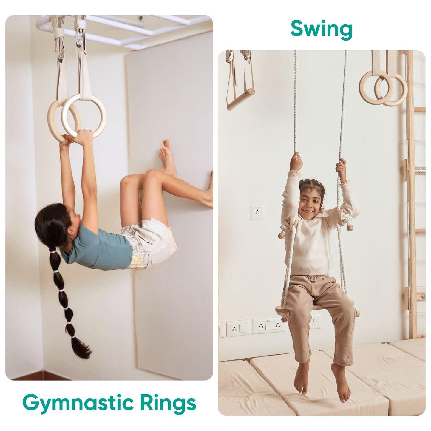 Curious Cub All-in-One Monkey Bars for Kids Indoor Wall Mounted | Kids Pull Up Bar for Home Gym with Swing, Gymnastic Rings & Climbing Ladder | Indoor Jungle Gym Equipment (4+ Years)