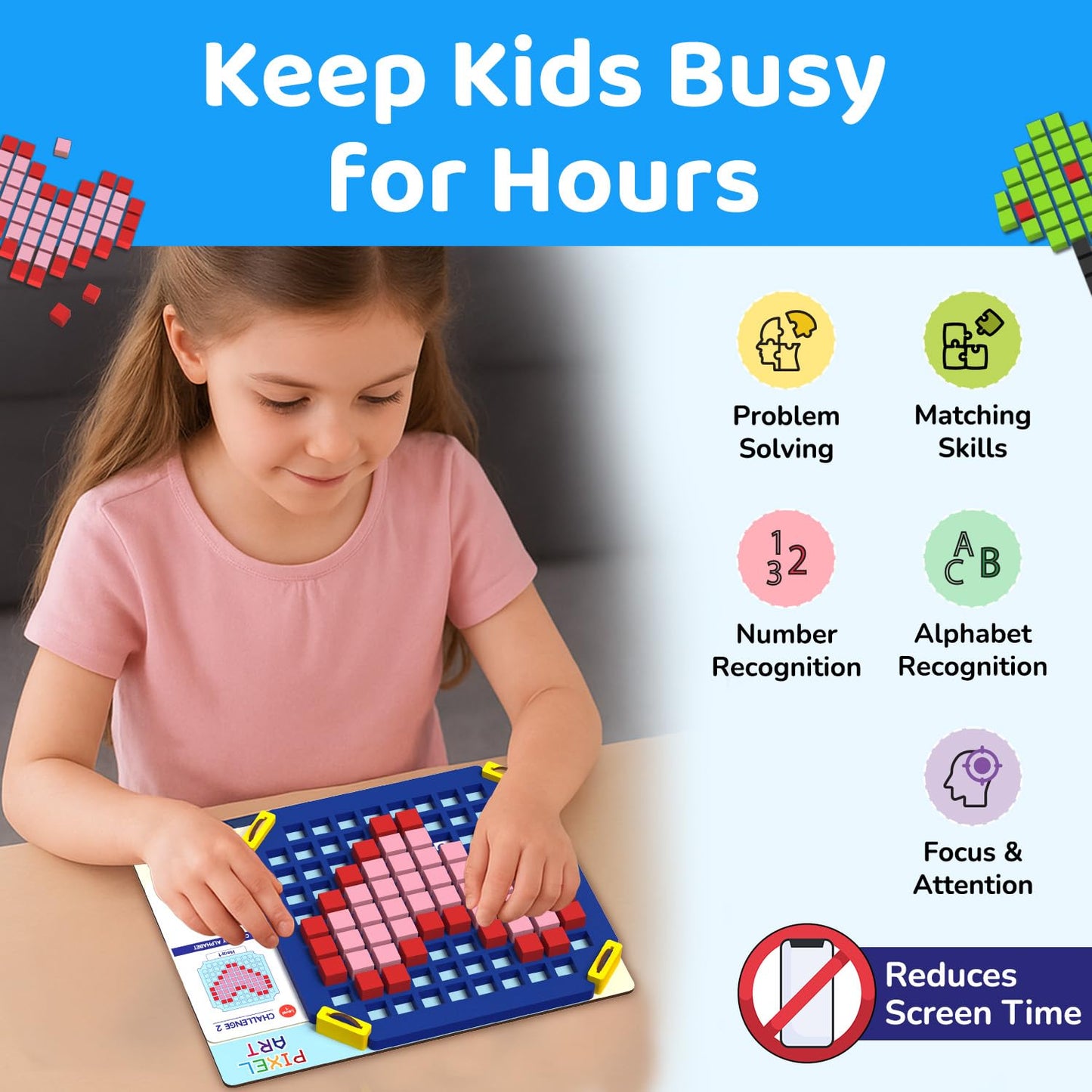 Smartivity Pixel Art Puzzle - Educational Toy for Kids 4-8 Years I Build 40+ Creative Brain Puzzles - Jelly Fish, Car, Boat, Umbrella, Flower etc. I Birthday Gift for Boys & Girls 4-8 Years(PACK OF 6)