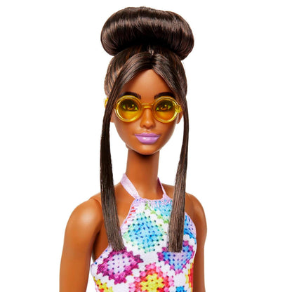 Barbie® Fashionistas™ Doll #210 with Brown Hair in Bun, Wearing Colorful Crochet Halter Dress, Sunglasses and Sandals