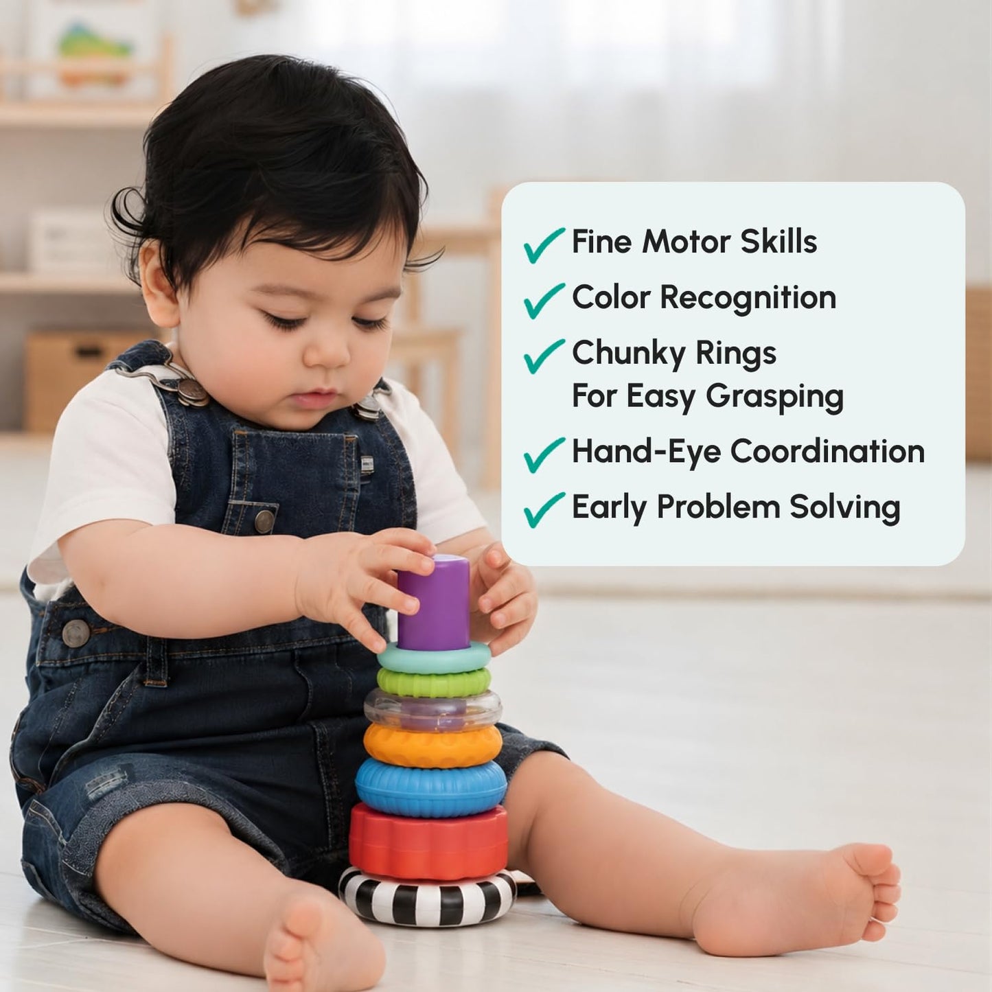 Curious Cub Ring Stacker Baby Toy for 6+ Month Old Baby with Different Sensory Rings & Rattle | Stacking Montessori Learning Toy for Early Brain Development for Kids & Infants